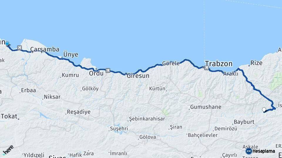 Samsun Pazaryolu Erzurum Arası Kaç Km - Yol Haritası
