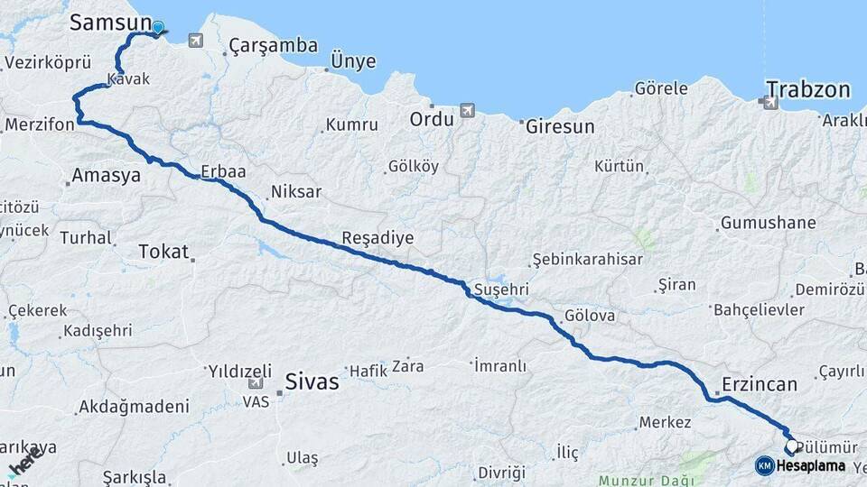 Samsun Pülümür Tunceli Arası Kaç Km - Yol Haritası