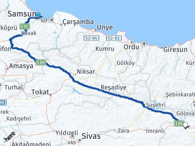 Samsun Refahiye Erzincan Arası Kaç Km - Yol Haritası