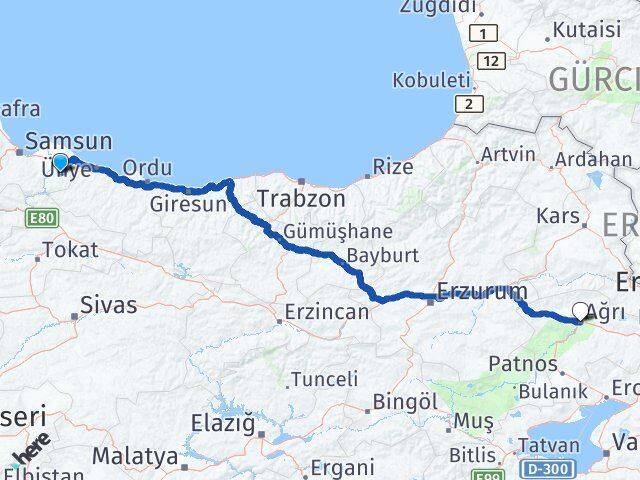 Samsun Salıpazarı Ağrı Arası Kaç Km - Yol Haritası