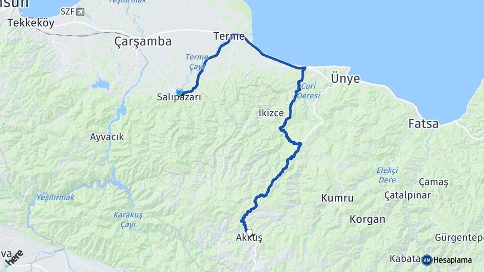 Samsun Salıpazarı Akkuş Ordu Arası Kaç Km - Yol Haritası