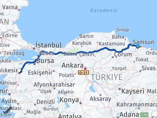 Samsun Salıpazarı Balıkesir Arası Kaç Km - Yol Haritası