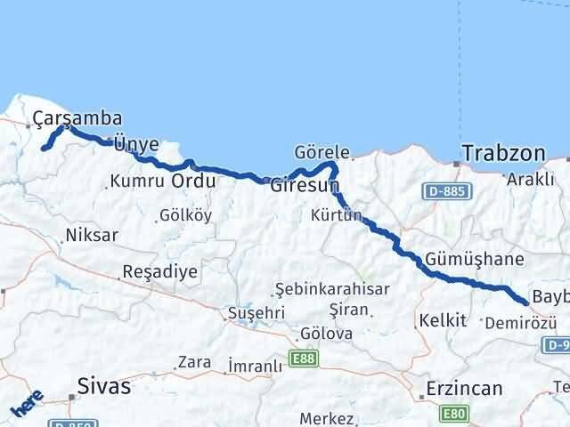Samsun Salıpazarı Bayburt Arası Kaç Km - Yol Haritası