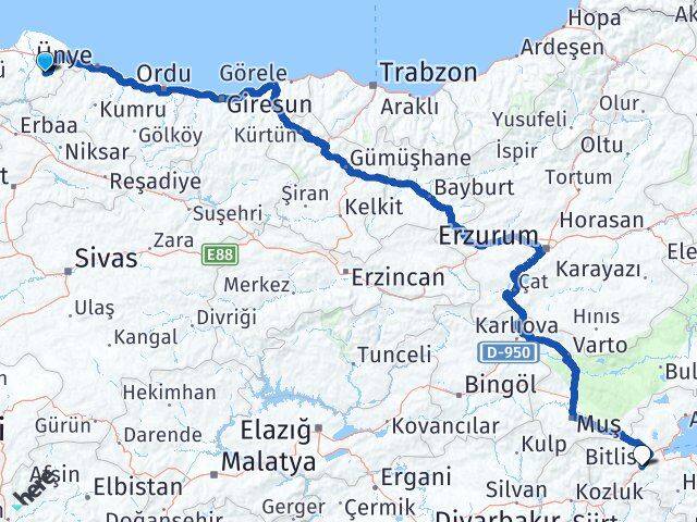 Samsun Salıpazarı Bitlis Arası Kaç Km - Yol Haritası