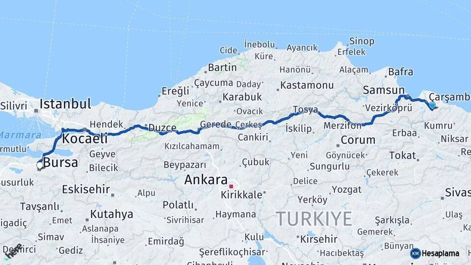 Samsun Salıpazarı Bursa Arası Kaç Km - Yol Haritası