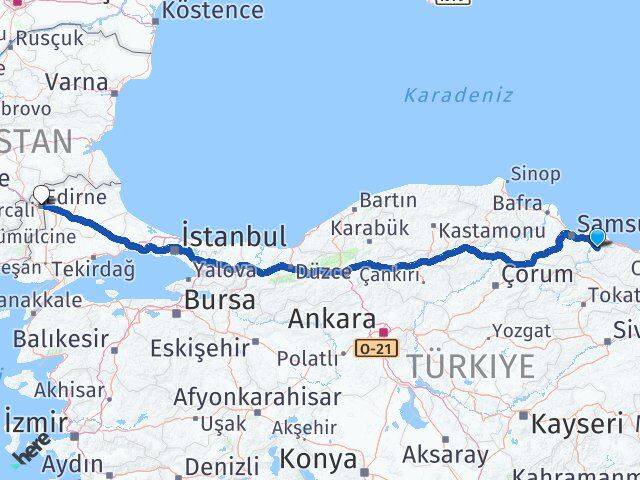 Samsun Salıpazarı Edirne Arası Kaç Km - Yol Haritası