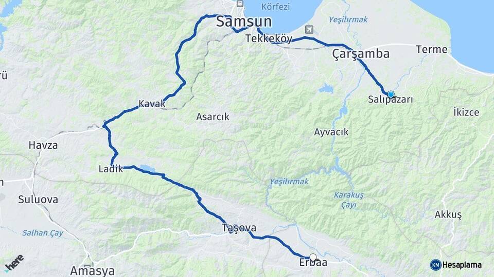 Samsun Salıpazarı Erbaa Tokat Arası Kaç Km - Yol Haritası