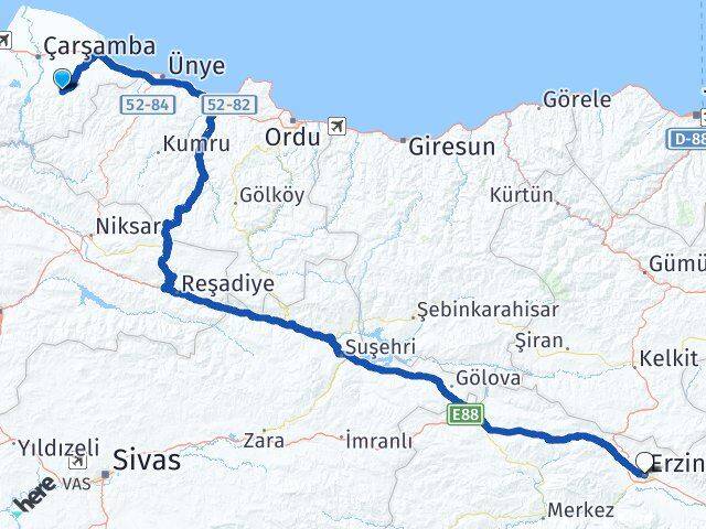 Samsun Salıpazarı Erzincan Arası Kaç Km - Yol Haritası