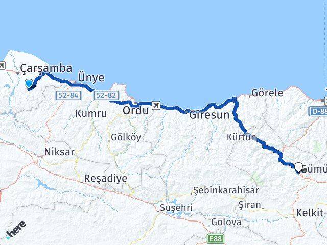 Samsun Salıpazarı Gümüşhane Arası Kaç Km - Yol Haritası