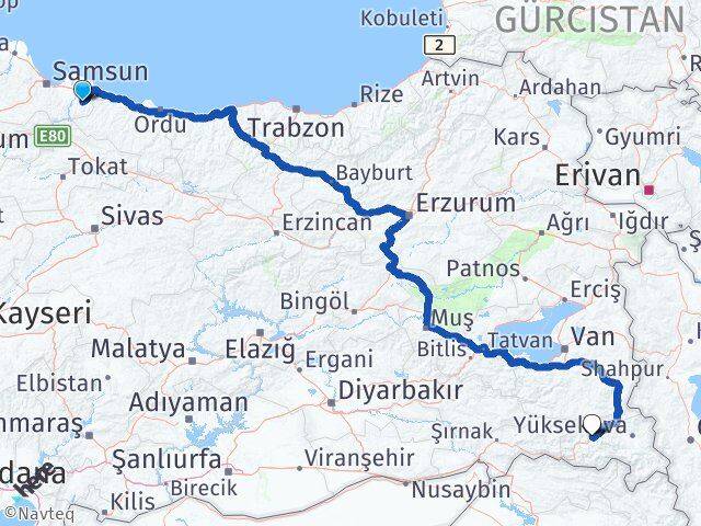 Samsun Salıpazarı Hakkari Arası Kaç Km - Yol Haritası