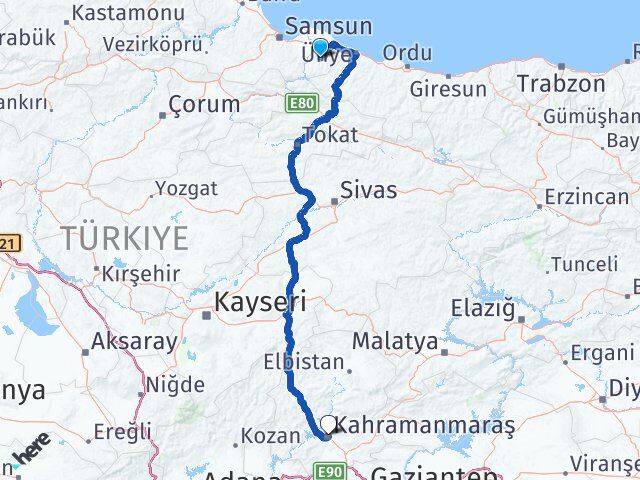 Samsun Salıpazarı Kahramanmaraş Arası Kaç Km - Yol Haritası