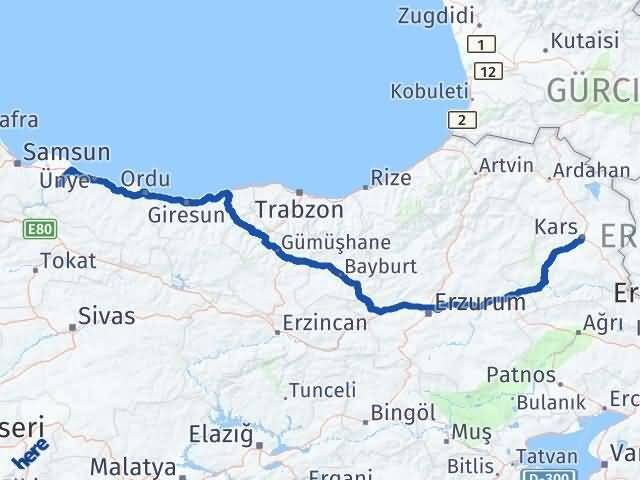 Samsun Salıpazarı Kars Arası Kaç Km - Yol Haritası