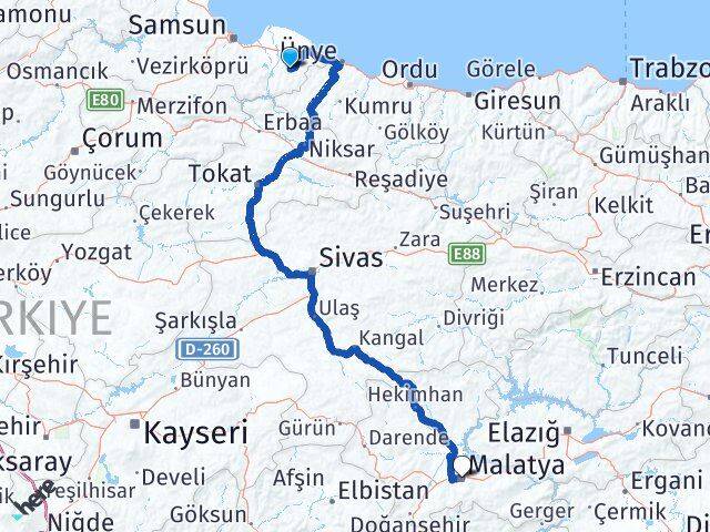 Samsun Salıpazarı Malatya Arası Kaç Km - Yol Haritası