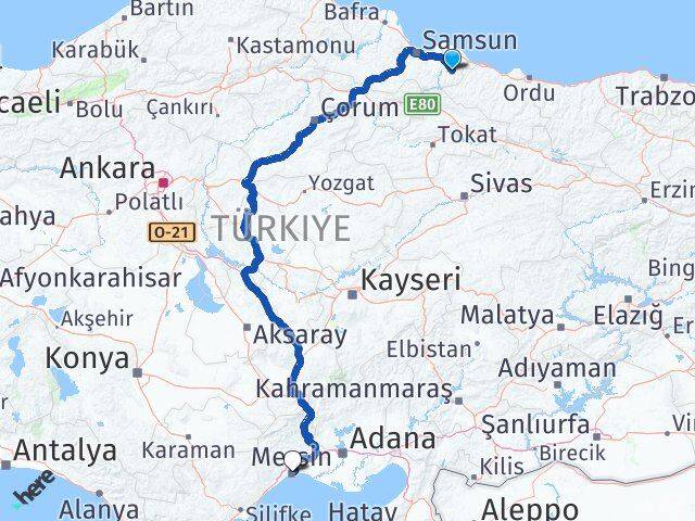 Samsun Salıpazarı Mersin Arası Kaç Km - Yol Haritası