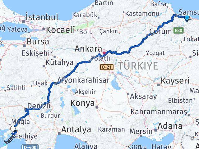 Samsun Salıpazarı Muğla Arası Kaç Km - Yol Haritası