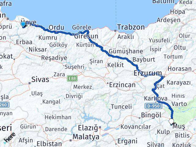 Samsun Salıpazarı Muş Arası Kaç Km - Yol Haritası