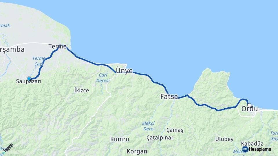 Samsun Salıpazarı Ordu Arası Kaç Km - Yol Haritası