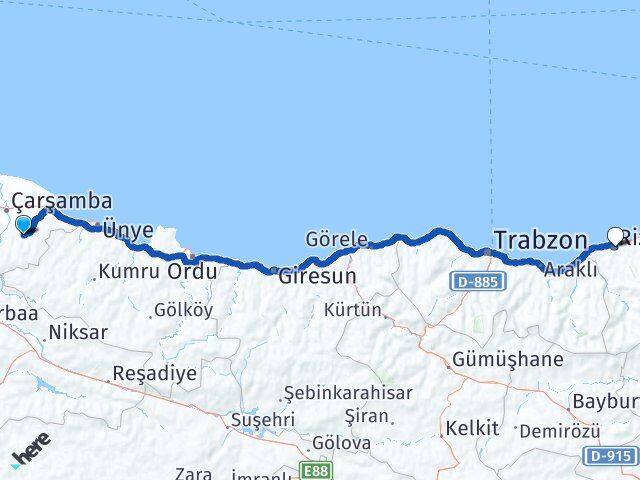 Samsun Salıpazarı Rize Arası Kaç Km - Yol Haritası