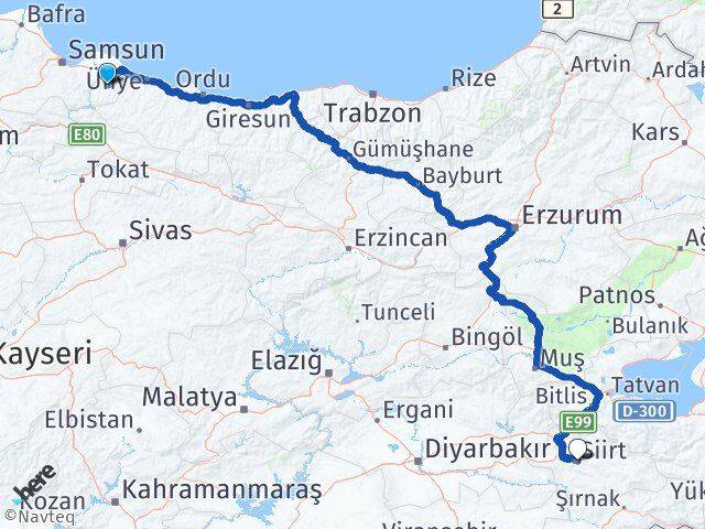 Samsun Salıpazarı Siirt Arası Kaç Km - Yol Haritası