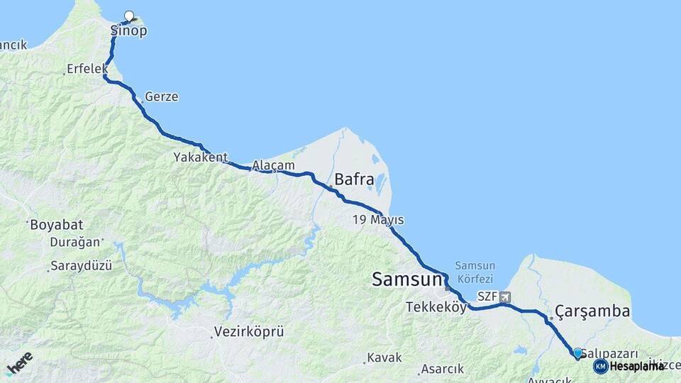 Samsun Salıpazarı Sinop Arası Kaç Km - Yol Haritası