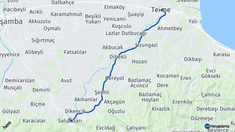 Samsun Salıpazarı Terme Arası Kaç Km - Yol Haritası
