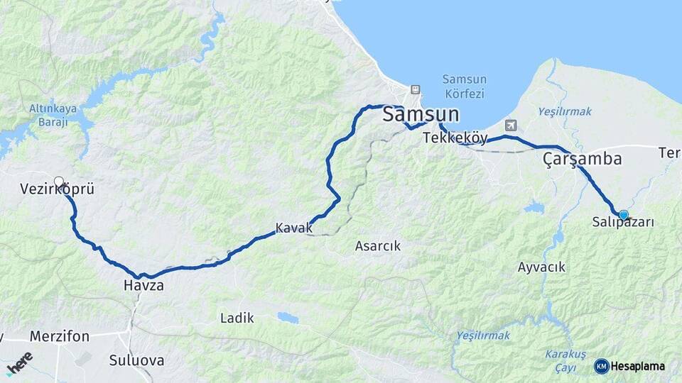 Samsun Salıpazarı Vezirköprü Arası Kaç Km - Yol Haritası