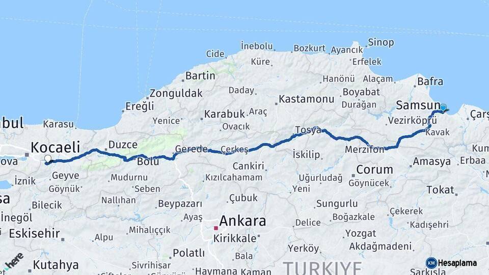 Samsun Sapanca Sakarya Arası Kaç Km - Yol Haritası