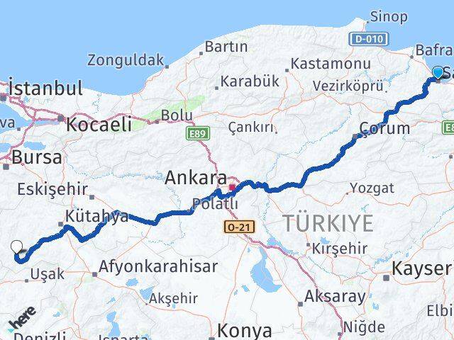 Samsun Şaphane Kütahya Arası Kaç Km - Yol Haritası