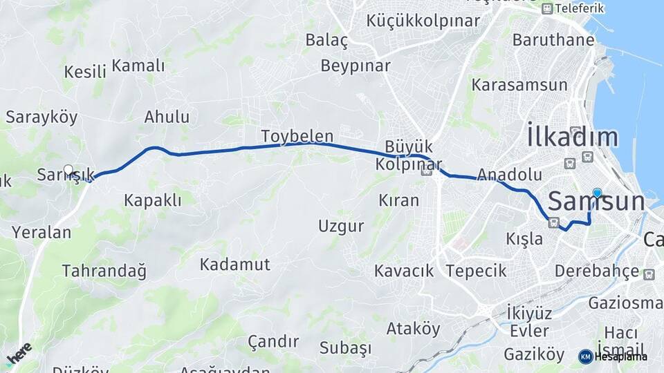 Samsun Sarıışık Atakum Arası Kaç Km - Yol Haritası