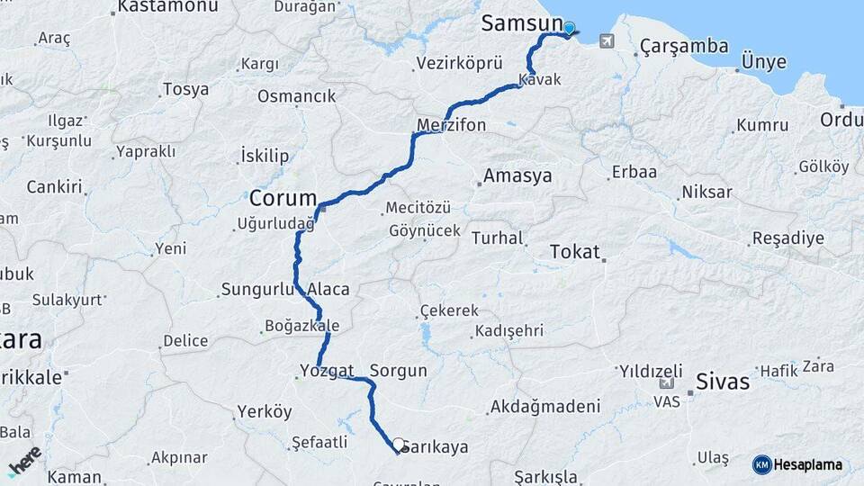Samsun Sarıkaya Yozgat Arası Kaç Km - Yol Haritası