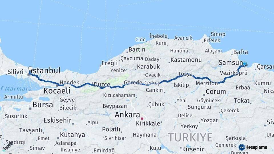 Samsun Sarıyer İstanbul Arası Kaç Km - Yol Haritası