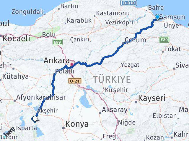 Samsun Şarkikaraağaç Isparta Arası Kaç Km - Yol Haritası