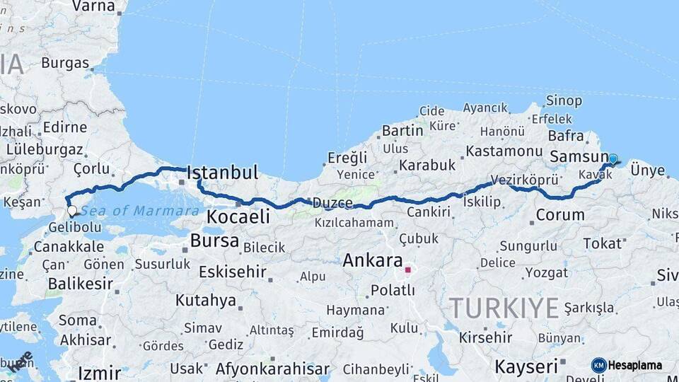 Samsun Şarköy Tekirdağ Arası Kaç Km - Yol Haritası