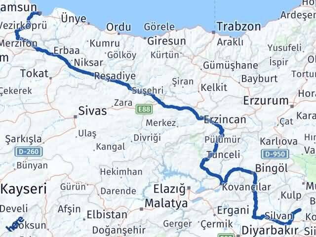 Samsun Sason Batman Arası Kaç Km - Yol Haritası