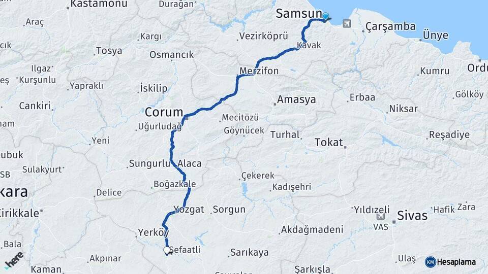 Samsun Şefaatli Yozgat Arası Kaç Km - Yol Haritası