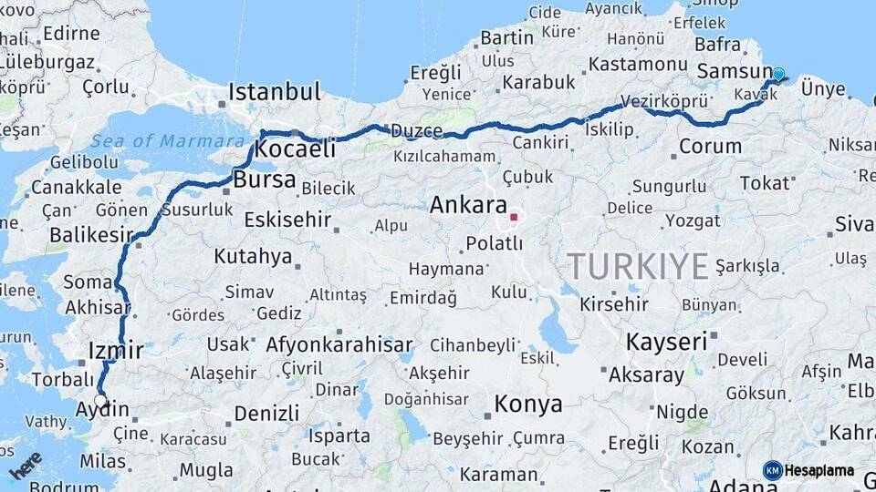 Samsun Selçuk İzmir Arası Kaç Km - Yol Haritası