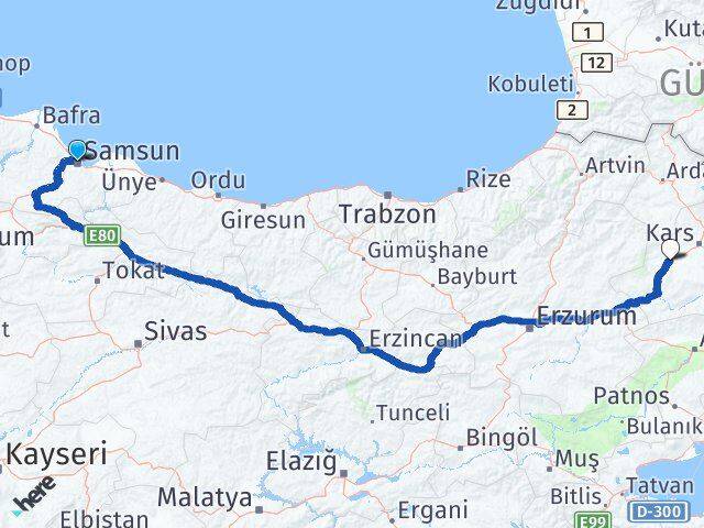 Samsun Selim Kars Arası Kaç Km - Yol Haritası
