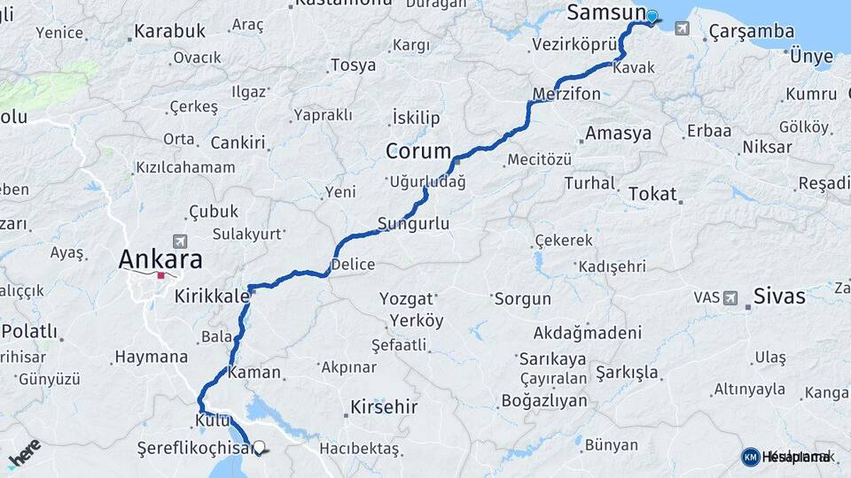 Samsun Şereflikoçhisar Ankara Arası Kaç Km - Yol Haritası