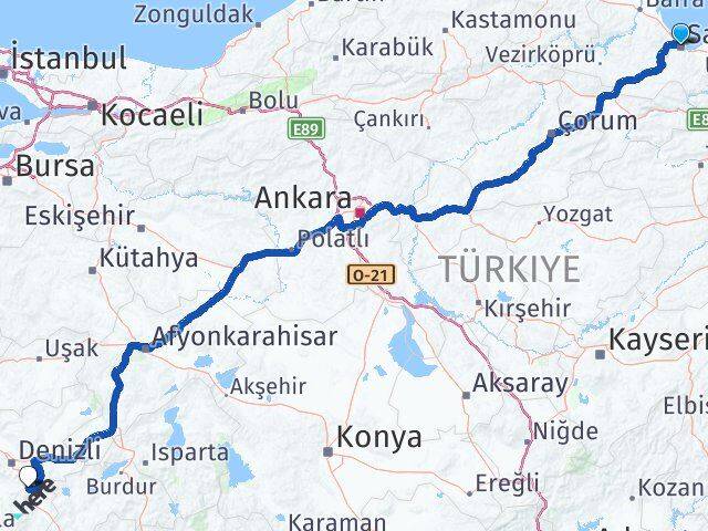 Samsun Serinhisar Denizli Arası Kaç Km - Yol Haritası