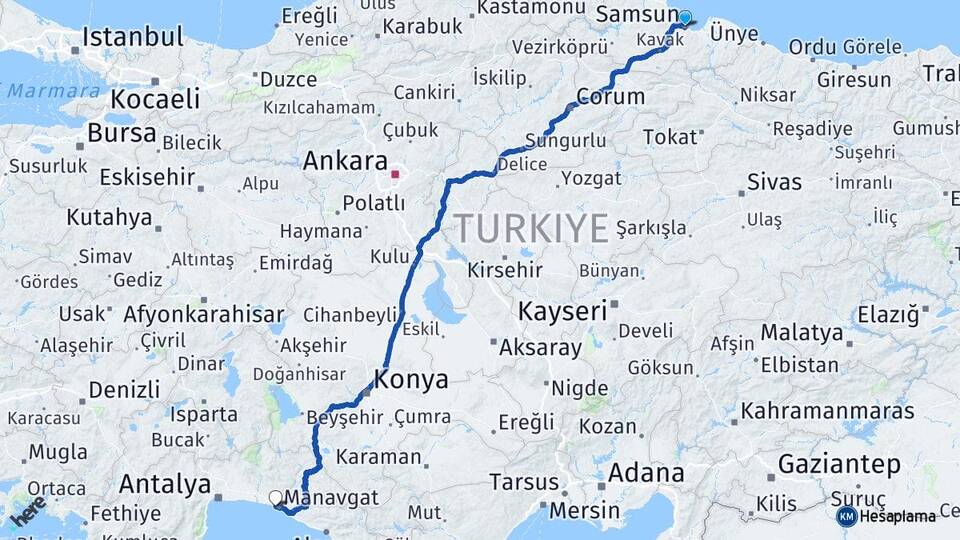 Samsun Side Manavgat Antalya Arası Kaç Km - Yol Haritası