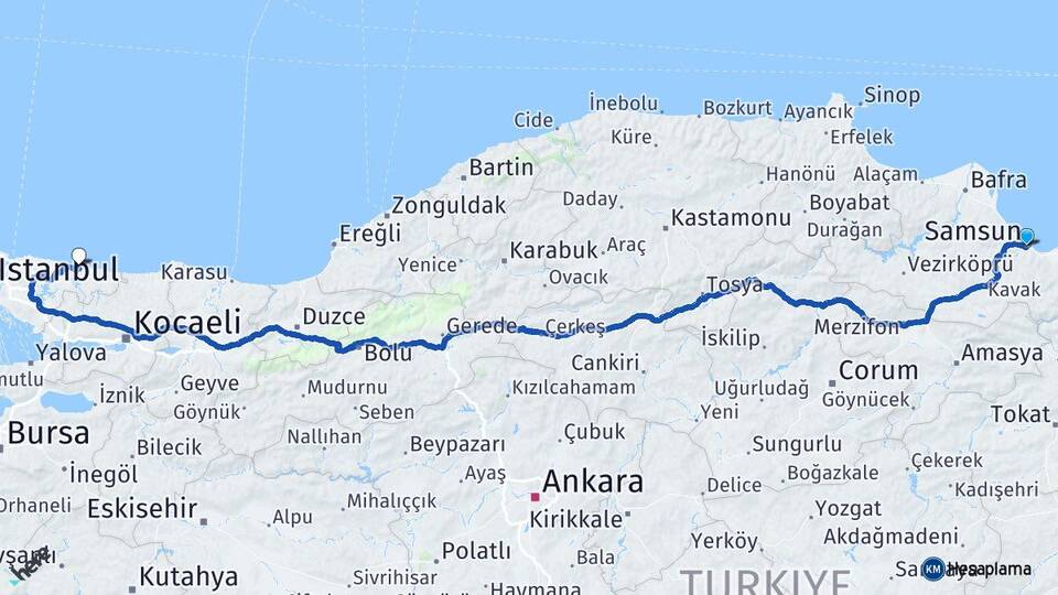 Samsun Şile İstanbul Arası Kaç Km - Yol Haritası