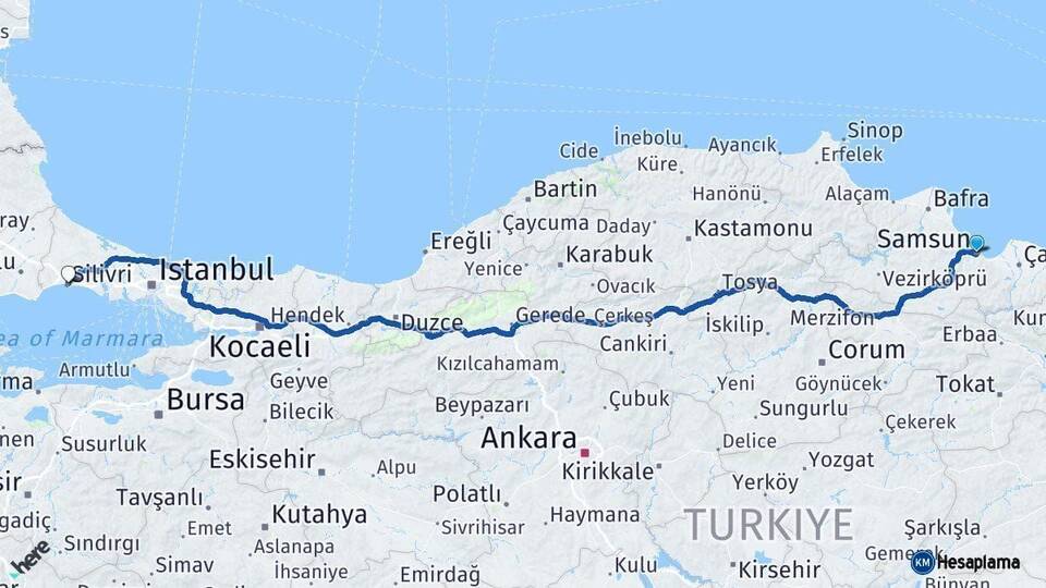 Samsun Silivri İstanbul Arası Kaç Km - Yol Haritası