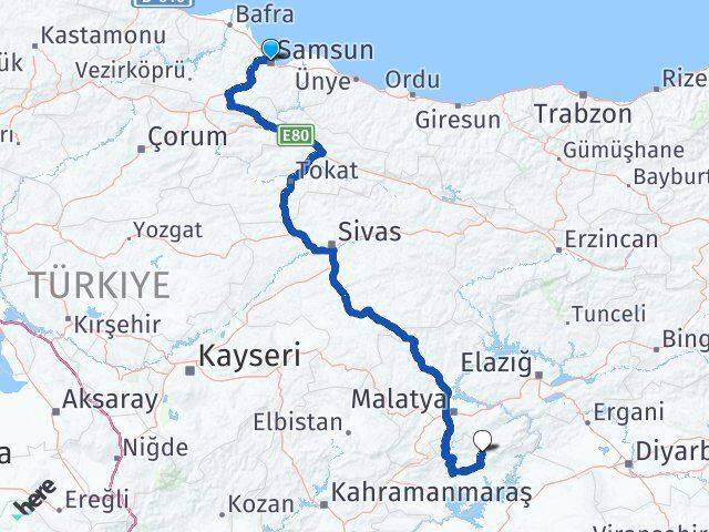 Samsun Sincik Adıyaman Arası Kaç Km - Yol Haritası