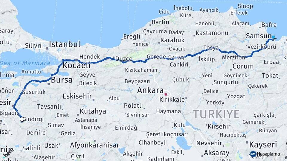 Samsun Sındırgı Balıkesir Arası Kaç Km - Yol Haritası