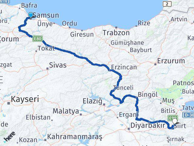 Samsun Şirvan Siirt Arası Kaç Km - Yol Haritası