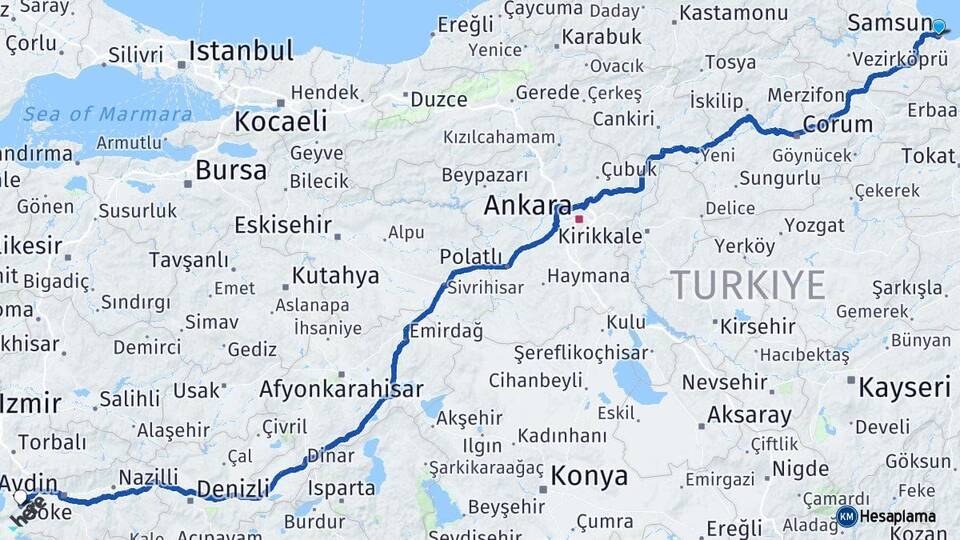Samsun Söke Aydın Arası Kaç Km - Yol Haritası