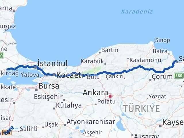 Samsun Süleymanpaşa Tekirdağ Arası Kaç Km - Yol Haritası