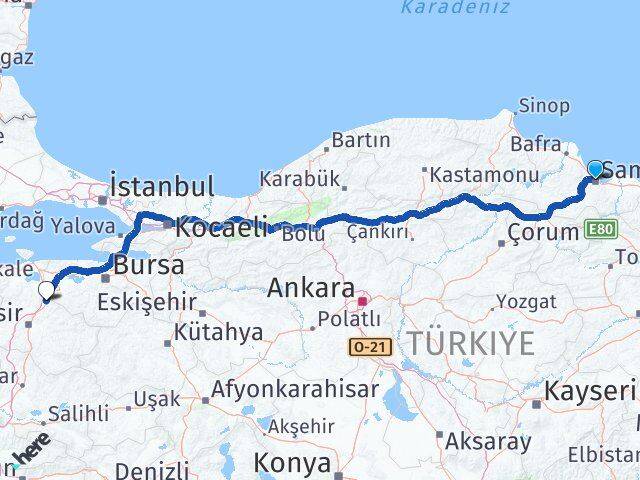 Samsun Susurluk Balıkesir Arası Kaç Km - Yol Haritası
