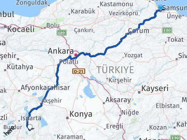 Samsun Sütçüler Isparta Arası Kaç Km - Yol Haritası