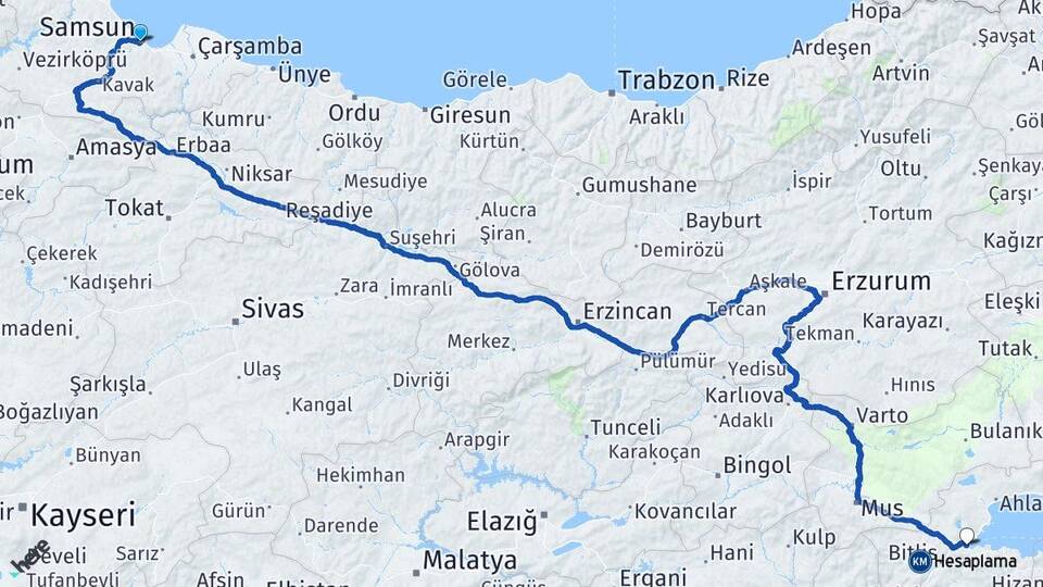 Samsun Tatvan Bitlis Arası Kaç Km - Yol Haritası